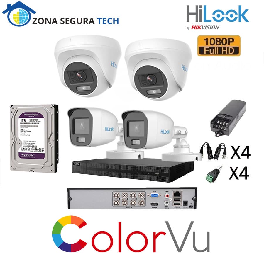 Kit DVR Hilook 4 Cámaras ColorVu con Audio Full HD 1080p 2Mp