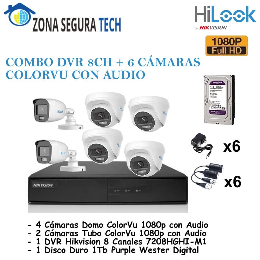 Combo DVR Hikvision 6 Cámaras ColorVu Hilook 1080p Audio